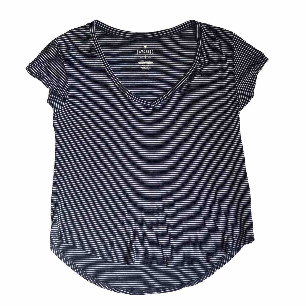 American Eagle Favorite T Tee Blue White Striped Shirt Top Size Small V Neck AEO